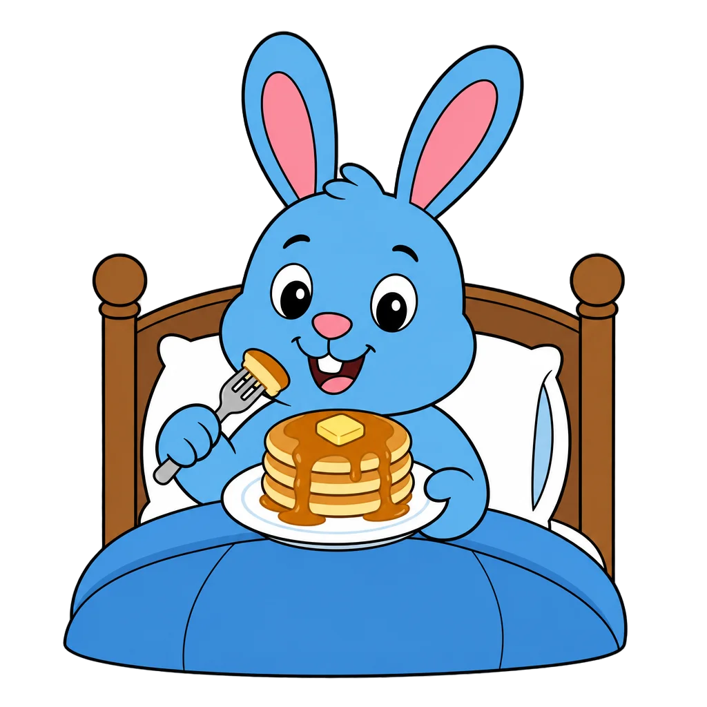 Cartoon blue bunny eating pancakes in bed