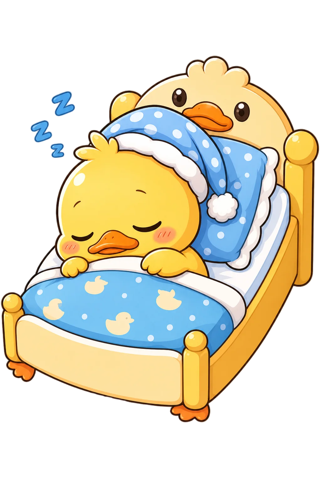 Chibi-style sleeping yellow duckling tucked into bed
