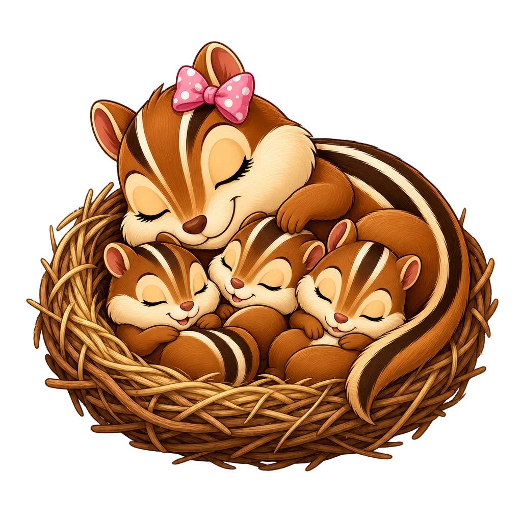 Illustrated chipmunk family sleeping in a woven nest