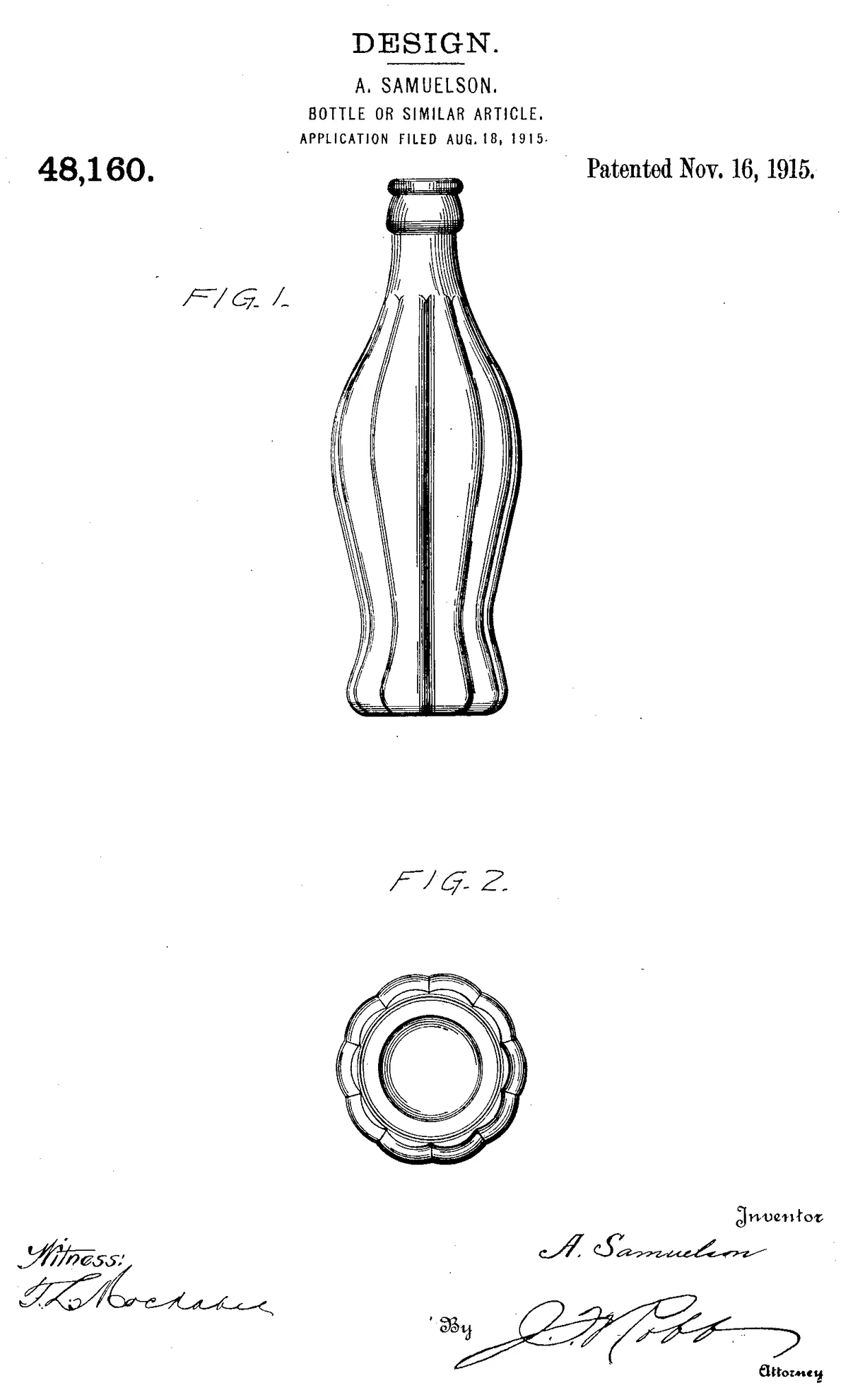 Coca-Cola contour bottle patent drawing, 1915