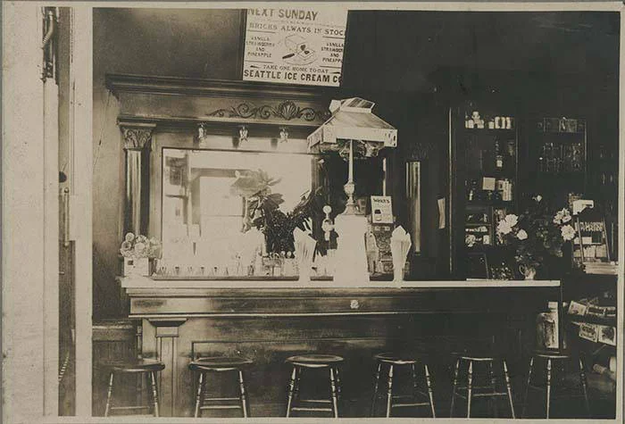 Soda fountain at Weed's Pharmacy, Seattle, circa 1910