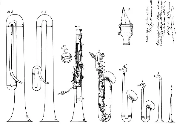 Patent drawing showing Adolphe Sax's saxophone and saxhorn instruments from 1846.