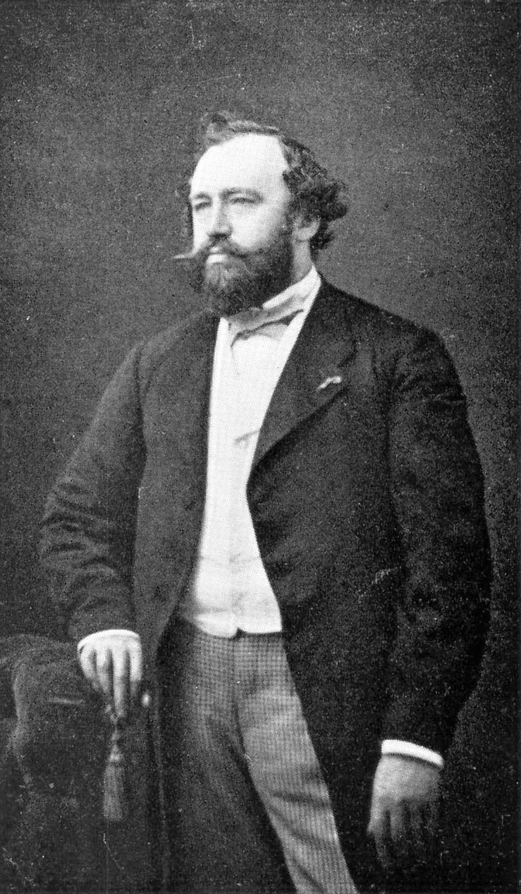 Portrait photograph of Adolphe Sax, the Belgian instrument maker who invented the saxophone.