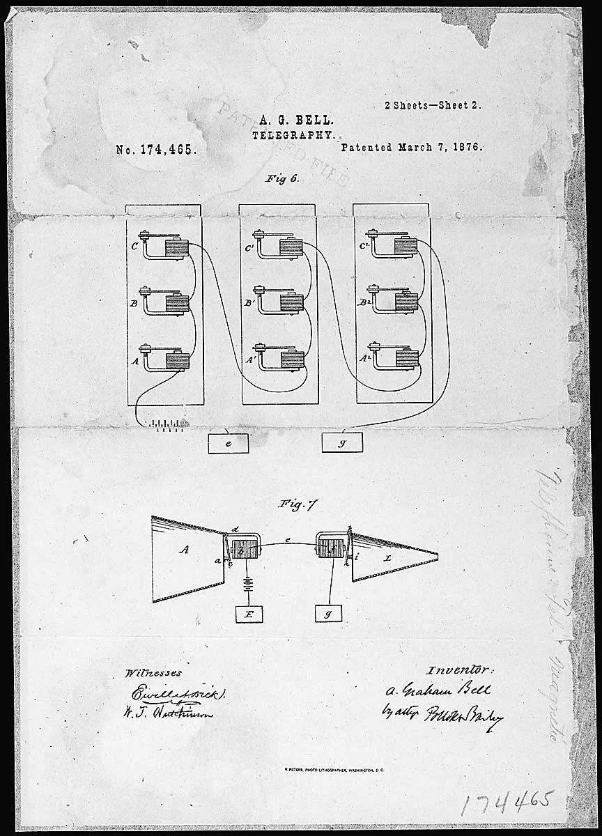 Alexander Graham Bell's telephone patent drawing and oath from the National Archives.