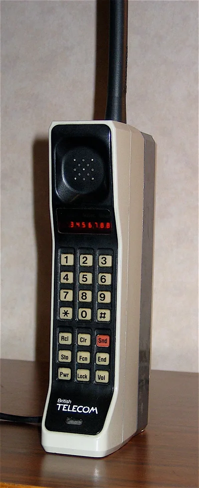 A Motorola DynaTAC 8000X — the first commercially available handheld cell phone from 1984.