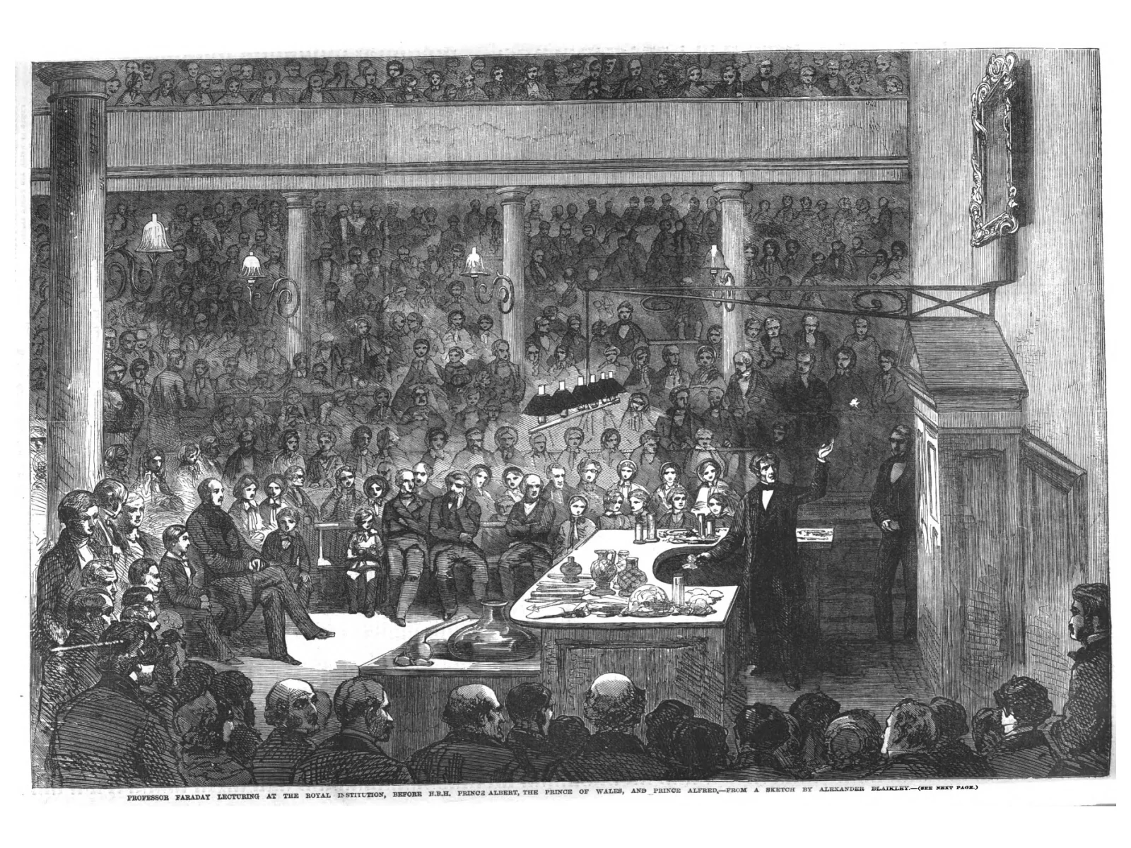 Michael Faraday lecturing at the Royal Institution before Prince Albert and other dignitaries in 1856.