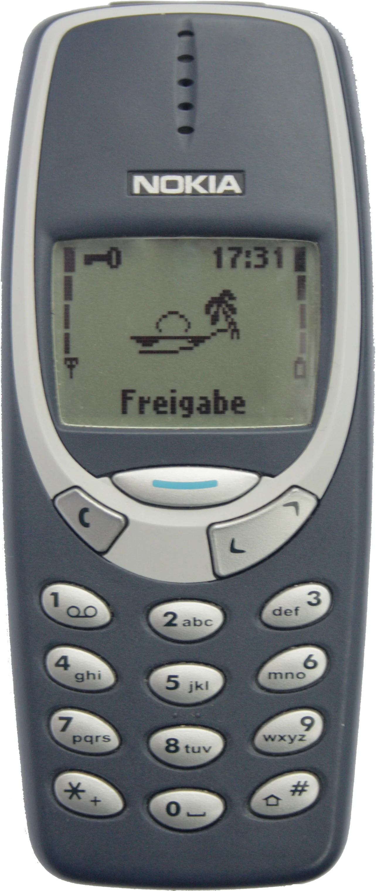The iconic Nokia 3310 mobile phone in blue — peak 'phone as phone' before the smartphone era.