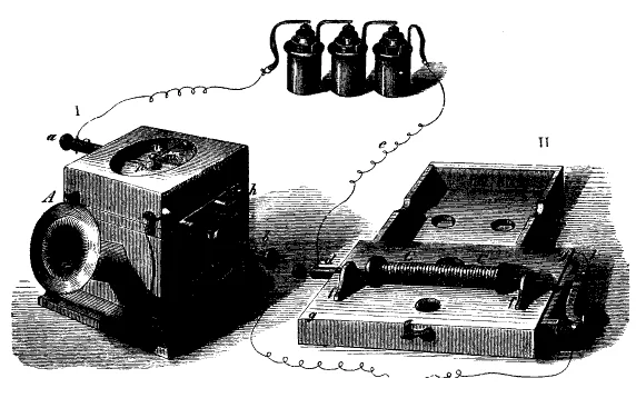 Illustration of Johann Philipp Reis's Telephon device from 1861 — the first apparatus called a telephone.